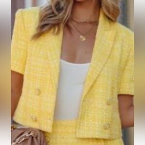 Versona Yellow Textured Tweed Cropped Double-Breasted Blazer Jacket Size M